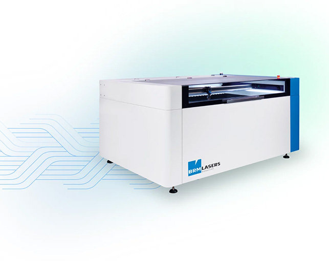Eine Pro Lasermaschine mit grünem/blauem Hintergrund und Illustration.